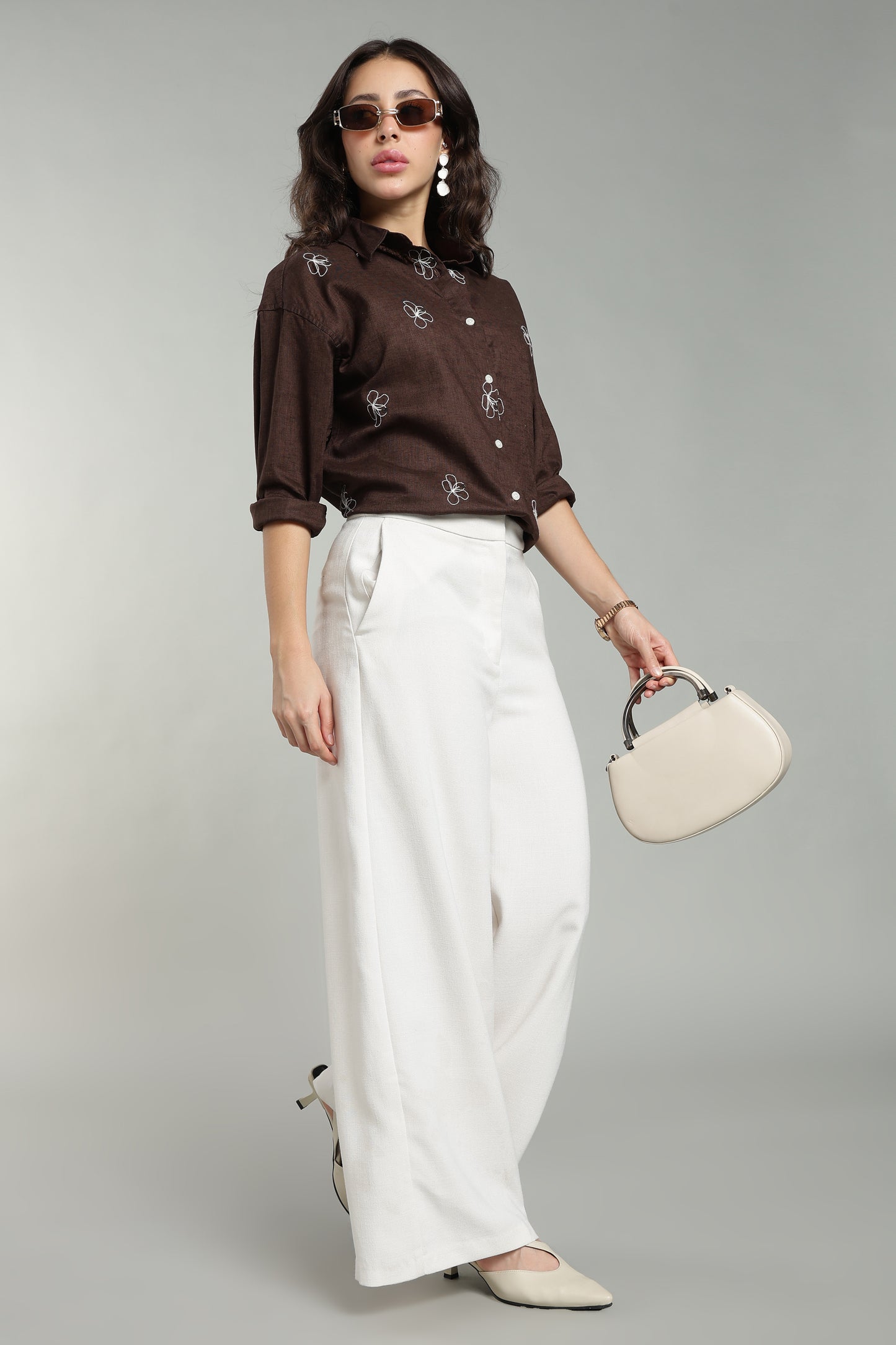 Women’s Chocolate Brown Embroidered Linen Shirt