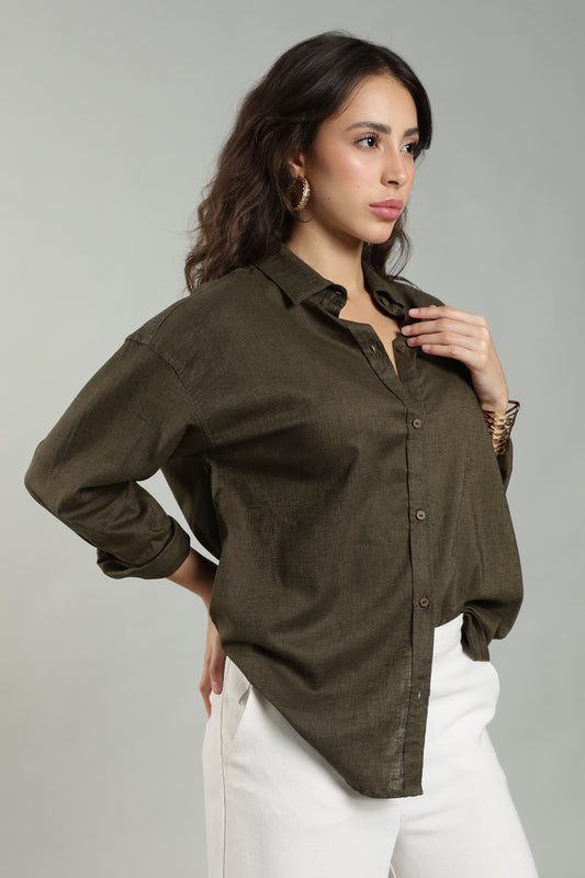 Olive Green Linen Shirt for Women — Pure Linen