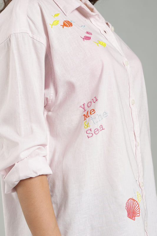 Women’s Baby Pink Embroidered Linen Shirt