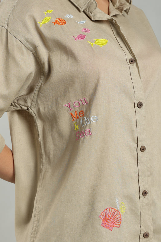 Women’s Beige Embroidered Linen Shirt