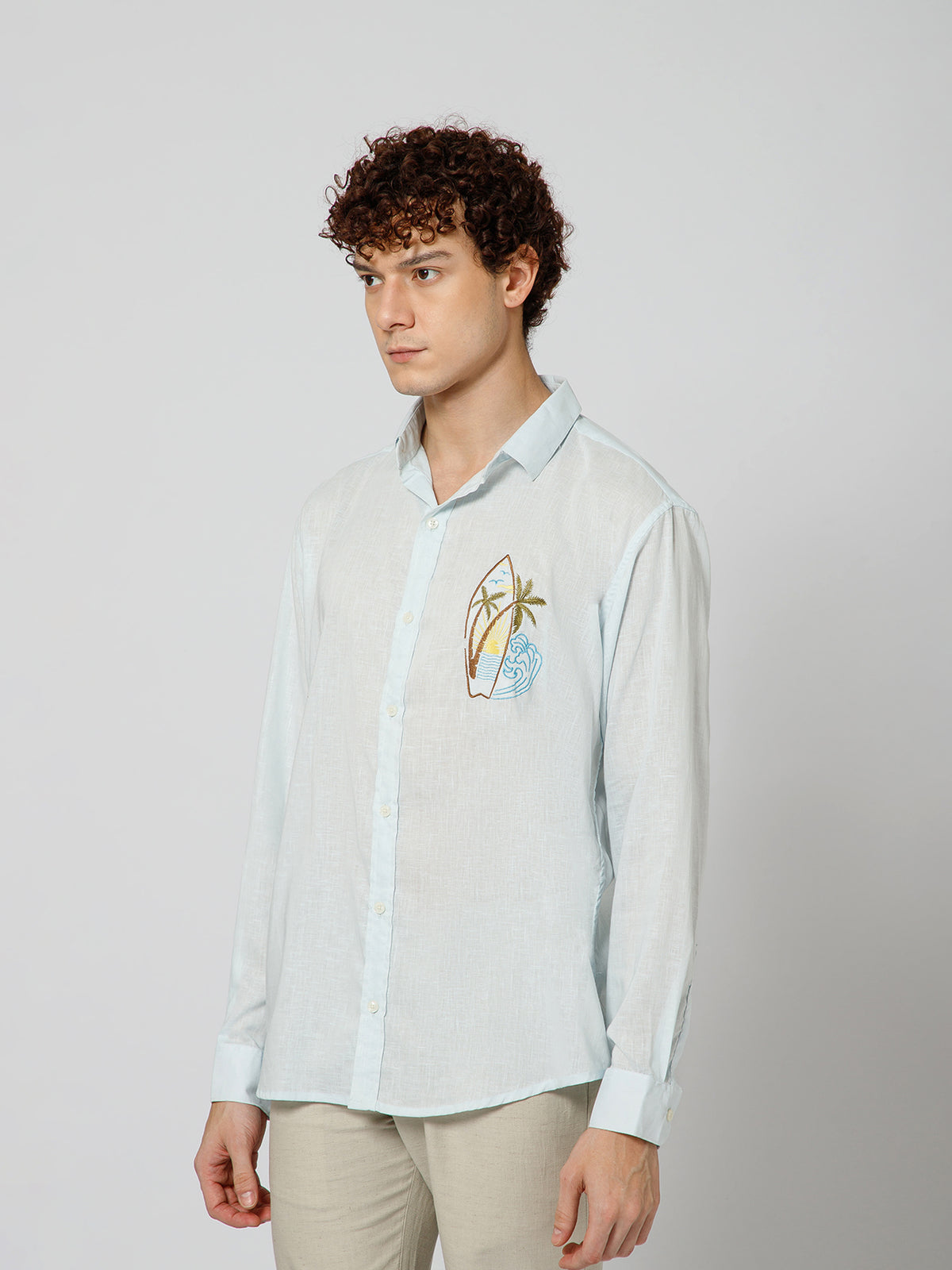 Surfing Linen Blend Relaxed fit Sky Blue Men's Shirt