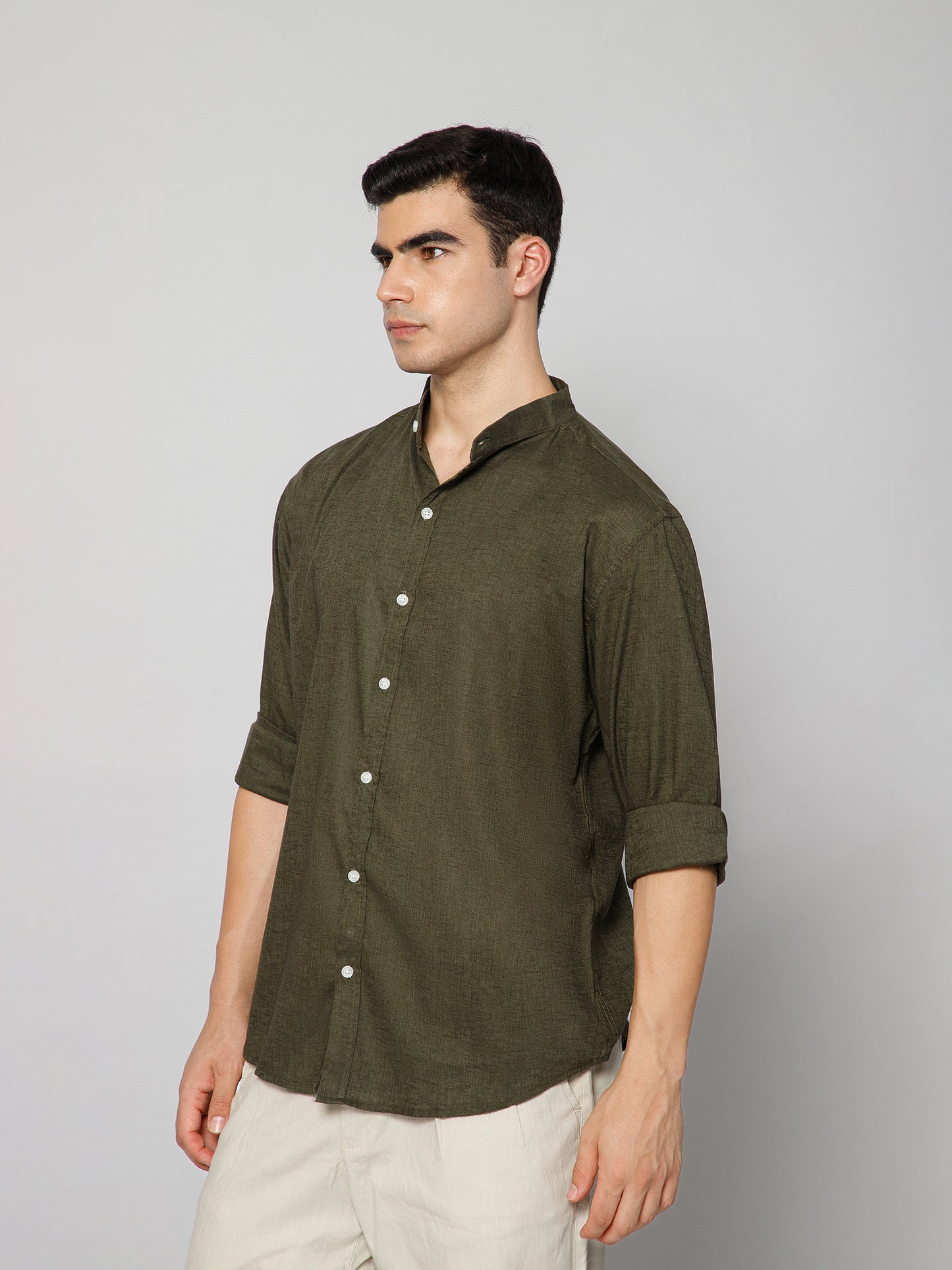 Men’s Olive Mandarian Collar Shirt