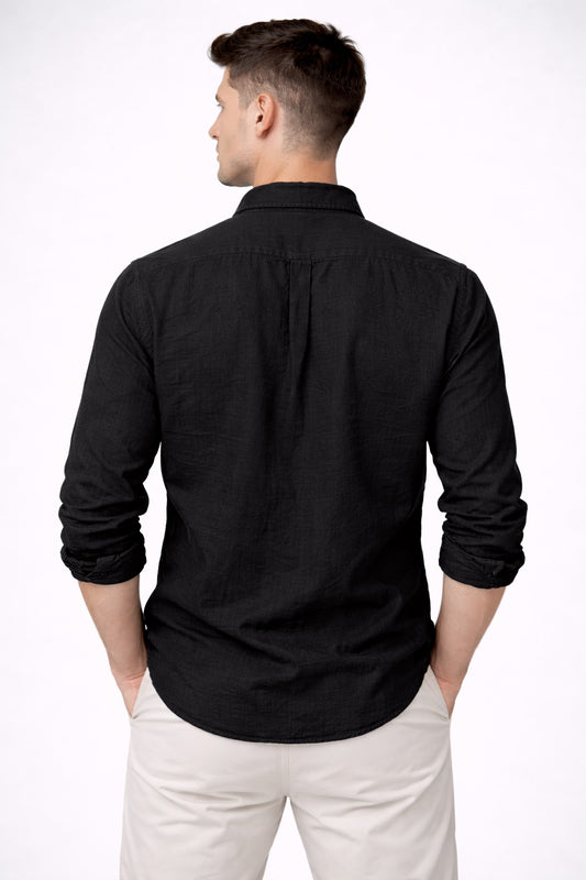 Black Cotton Linen Blend Shirt for Men | Breathable Fit