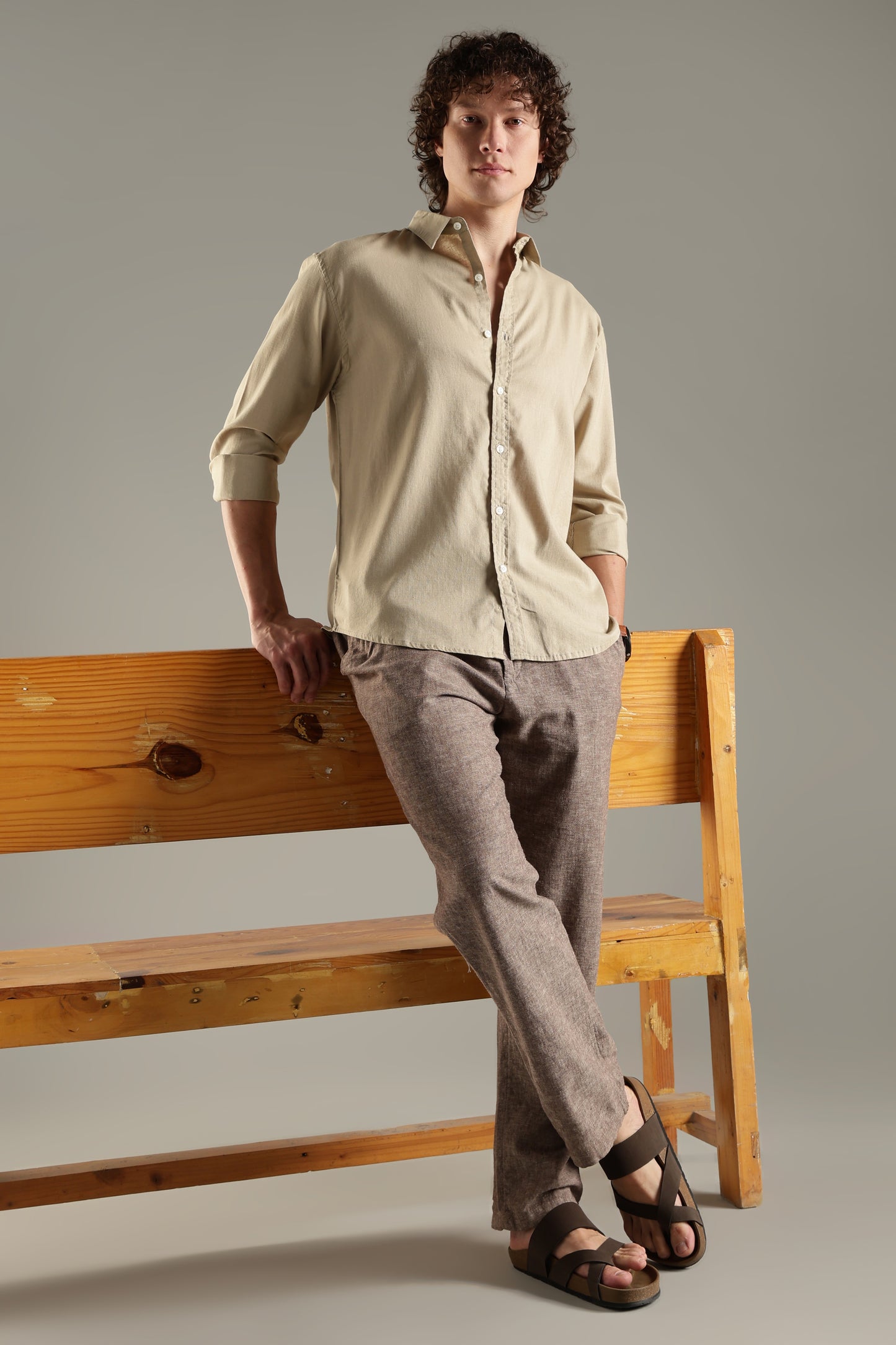 Beige Linen Blend Shirt for Men | Breathable Fit