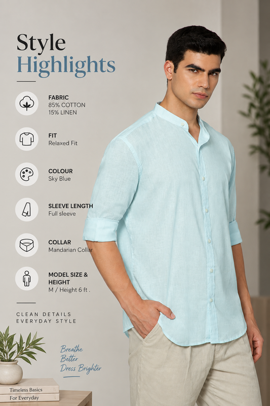 FRENCH LINEN BLEND RELAXED FIT SKY BLUE MEN'S SHIRT
