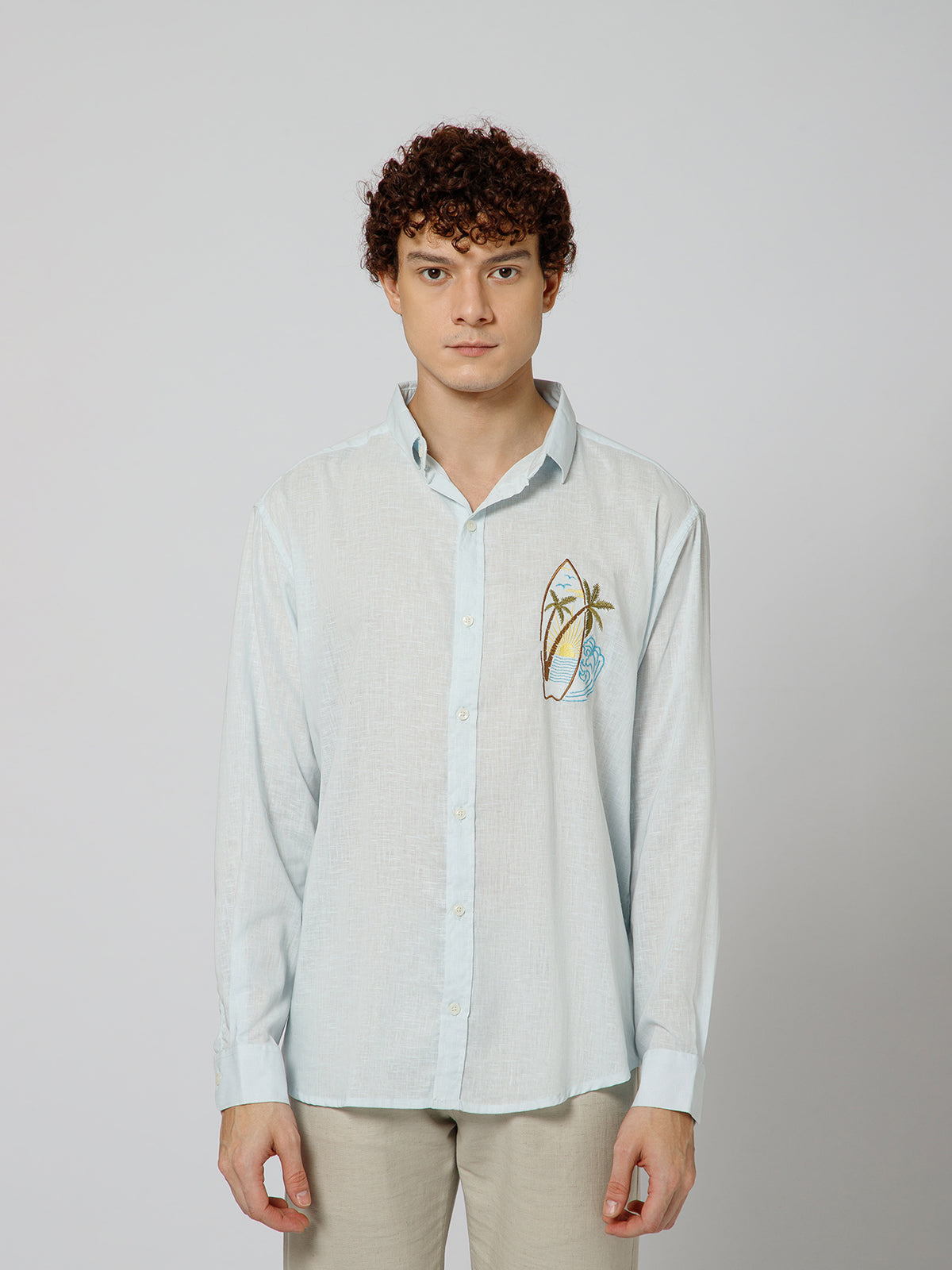 Surfing Linen Blend Relaxed fit Sky Blue Men's Shirt