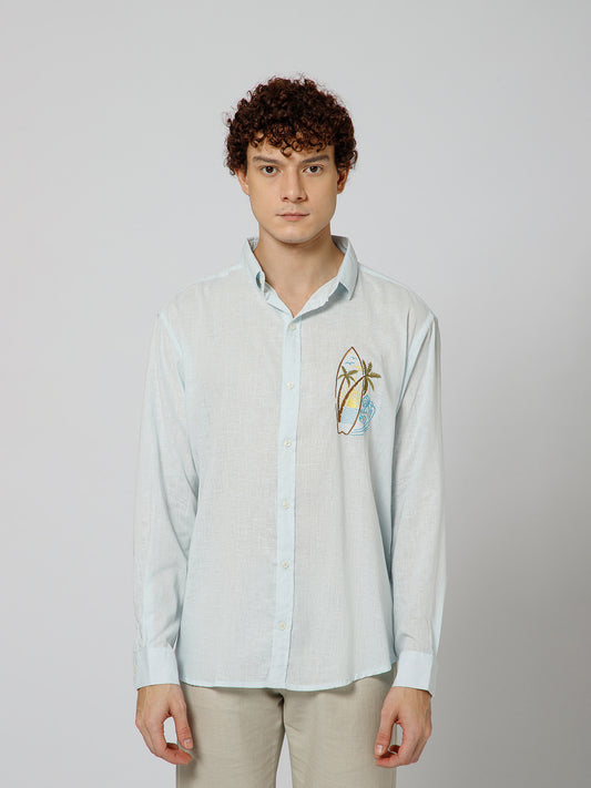 Surfing Linen Blend Relaxed fit Sky Blue Men's Shirt