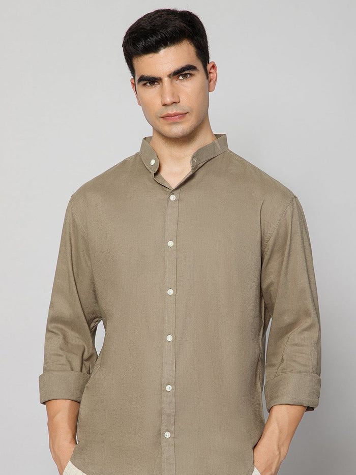 FRENCH LINEN BLEND RELAXED FIT KHAKHI  MEN'S SHIRT