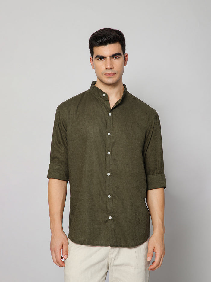 FRENCH LINEN BLEND RELAXED FIT OLIVE MEN'S SHIRT