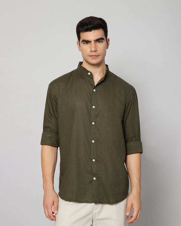 FRENCH LINEN BLEND RELAXED FIT OLIVE MEN'S SHIRT