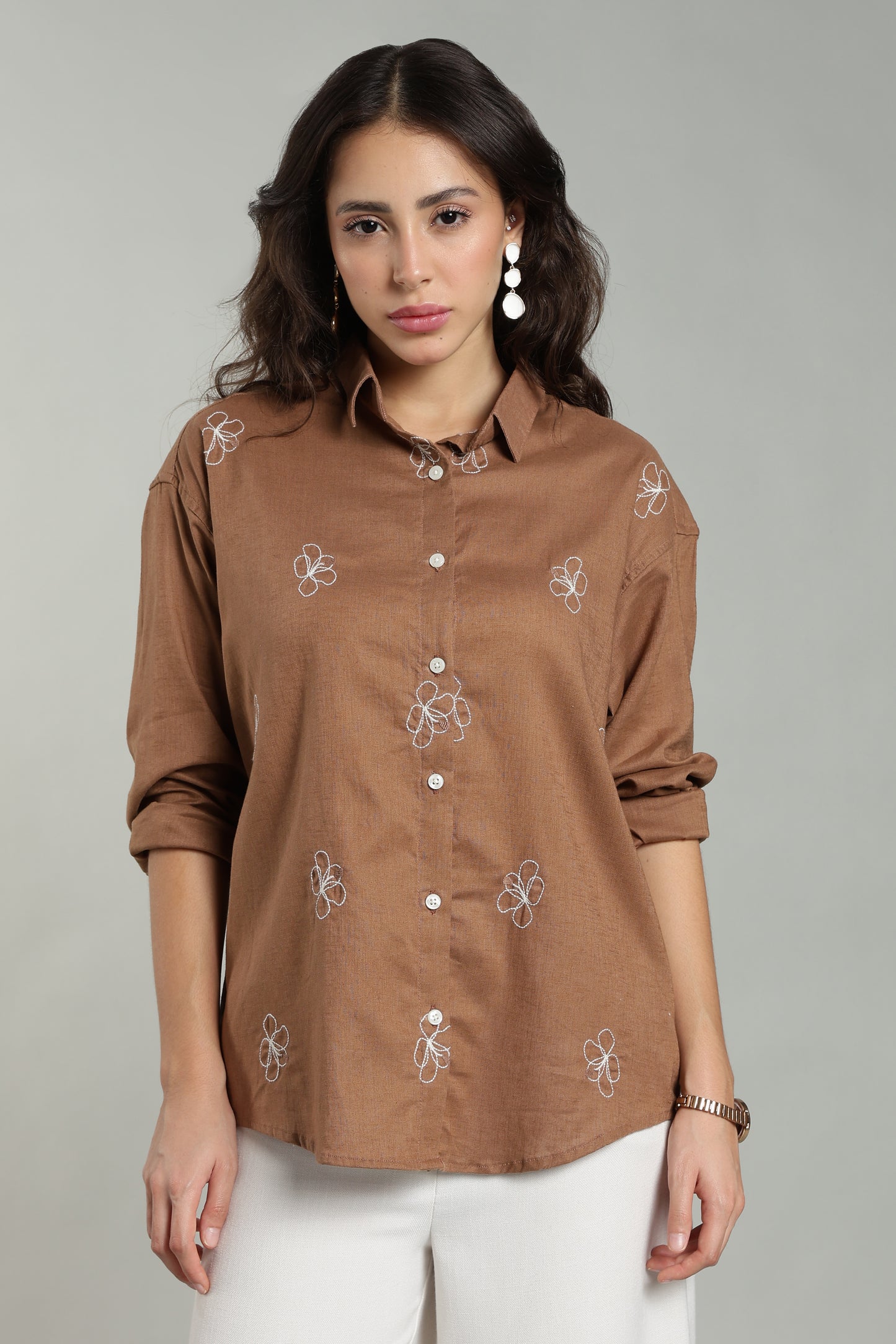 Women’s Rust Embroidered Linen Shirt