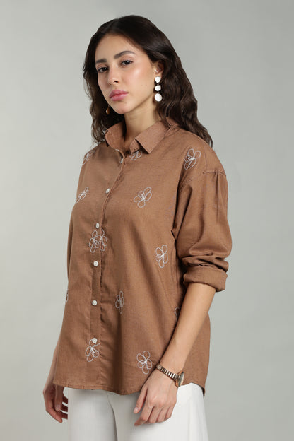 Women’s Rust Embroidered Linen Shirt