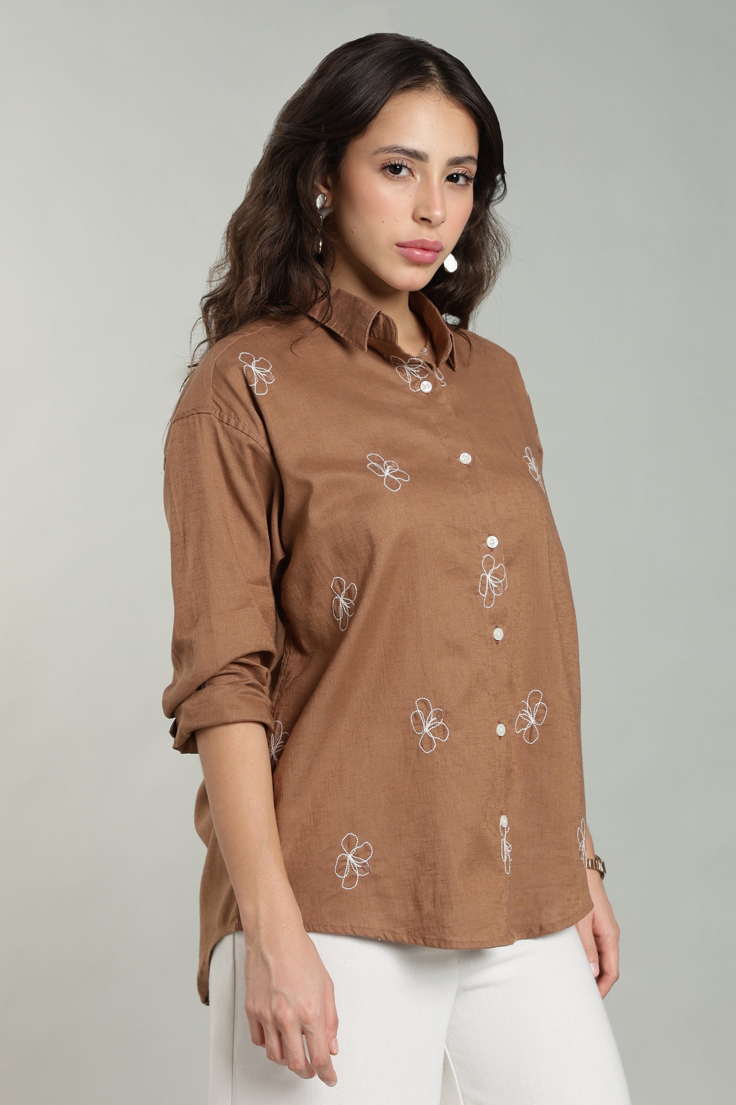 Women’s Rust Embroidered Linen Shirt