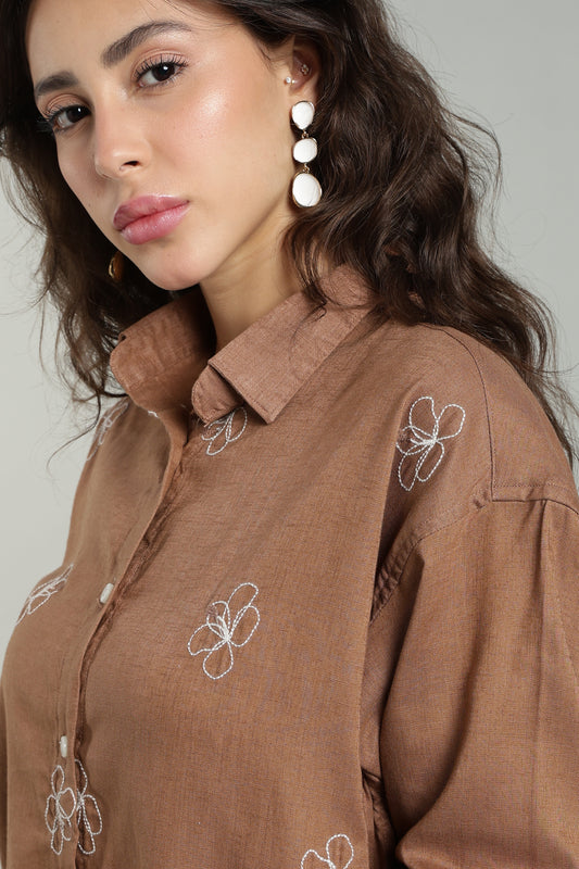 Women’s Rust Embroidered Linen Shirt