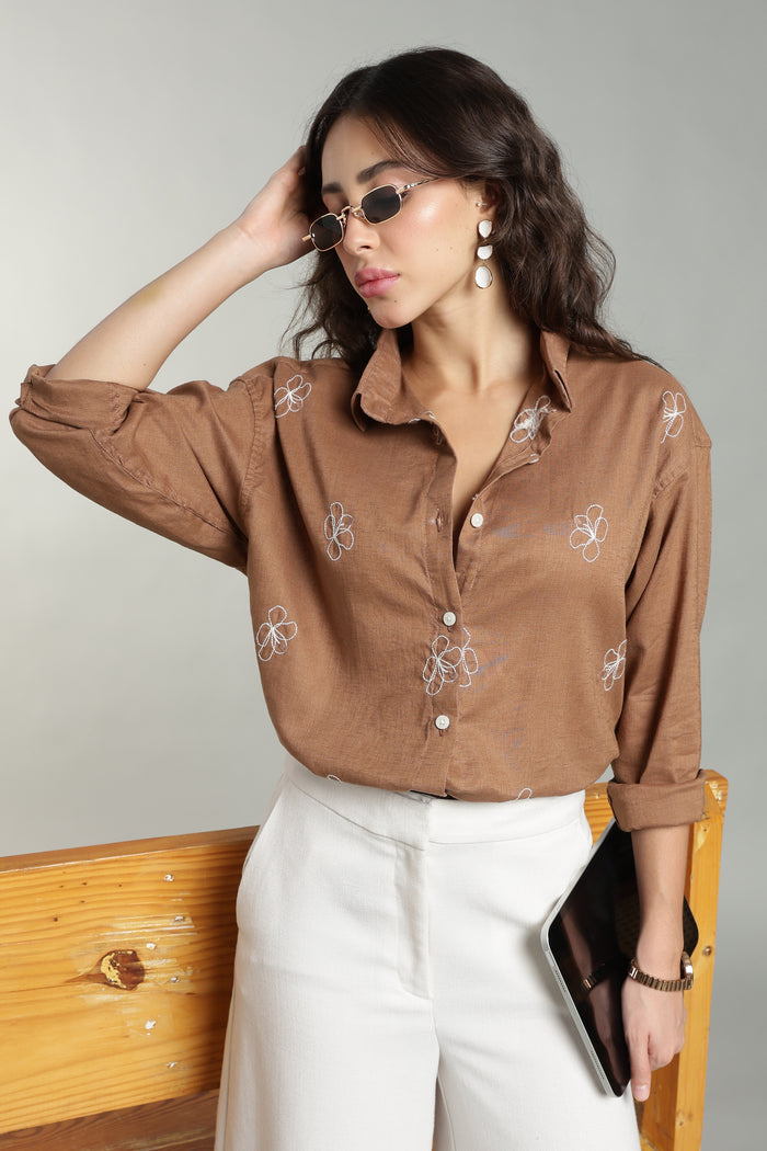 Women’s Rust Embroidered Linen Shirt