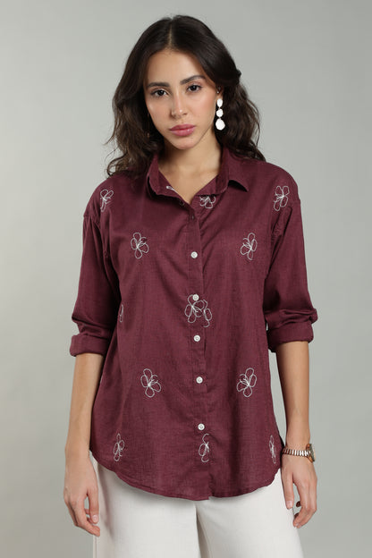 Women’s Cherry Embroidered Linen Shirt