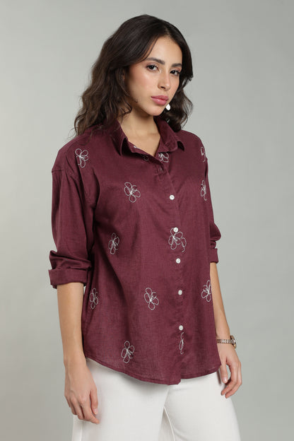 Women’s Cherry Embroidered Linen Shirt