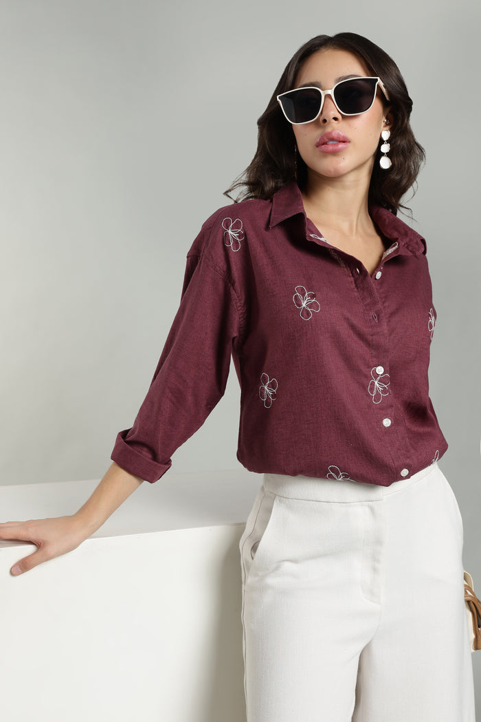Women’s Cherry Embroidered Linen Shirt