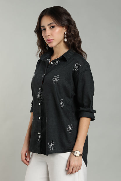 Women’s Teal Embroidered Linen Shirt