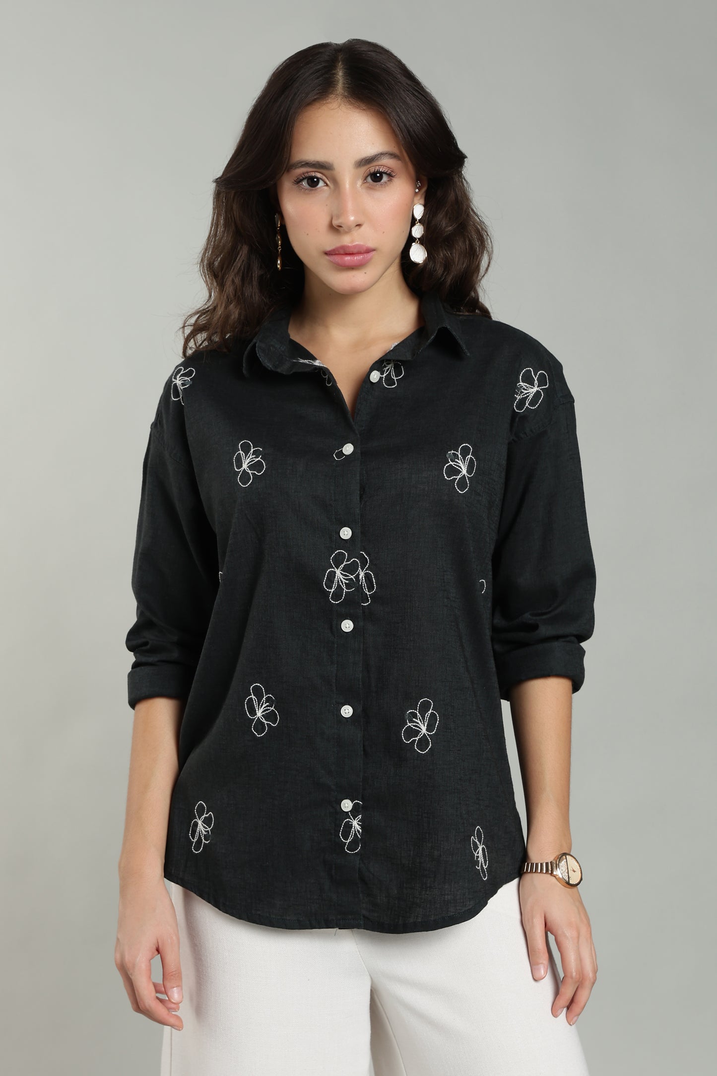 Women’s Teal Embroidered Linen Shirt