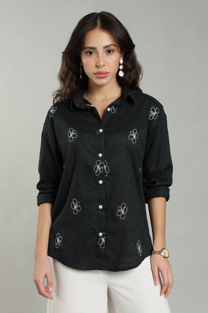 Women’s Teal Embroidered Linen Shirt