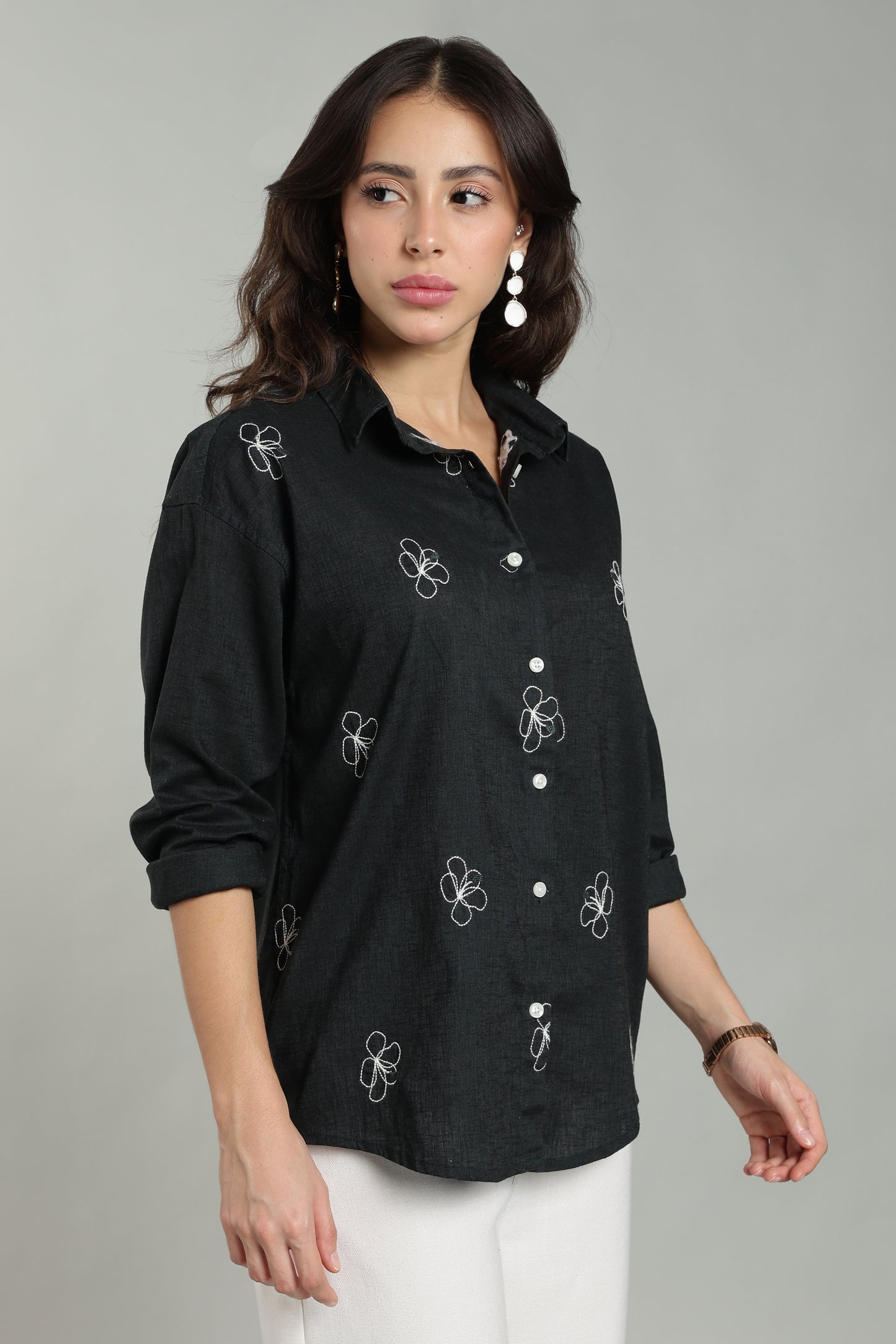 Women’s Teal Embroidered Linen Shirt