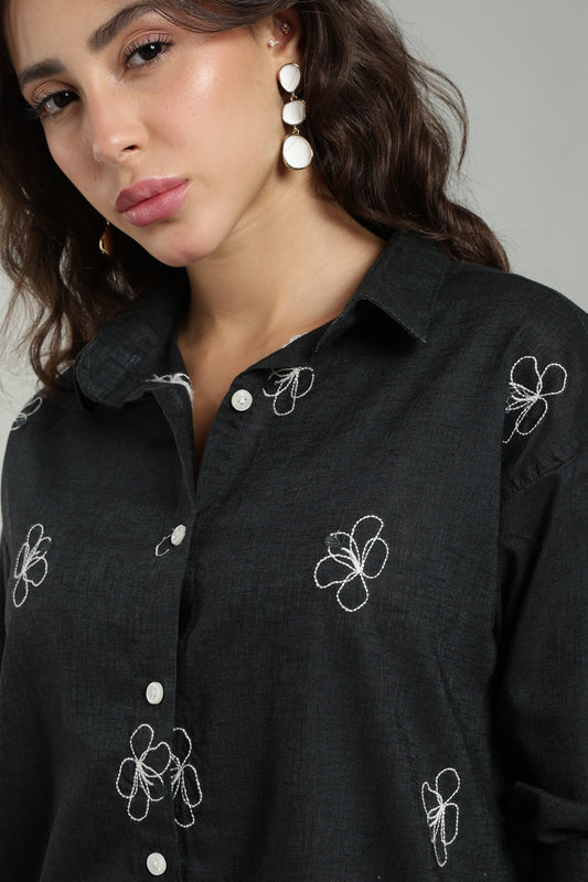 Women’s Teal Embroidered Linen Shirt