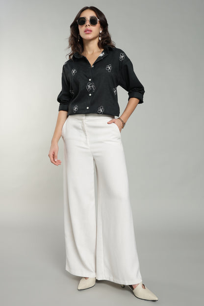 Women’s Teal Embroidered Linen Shirt