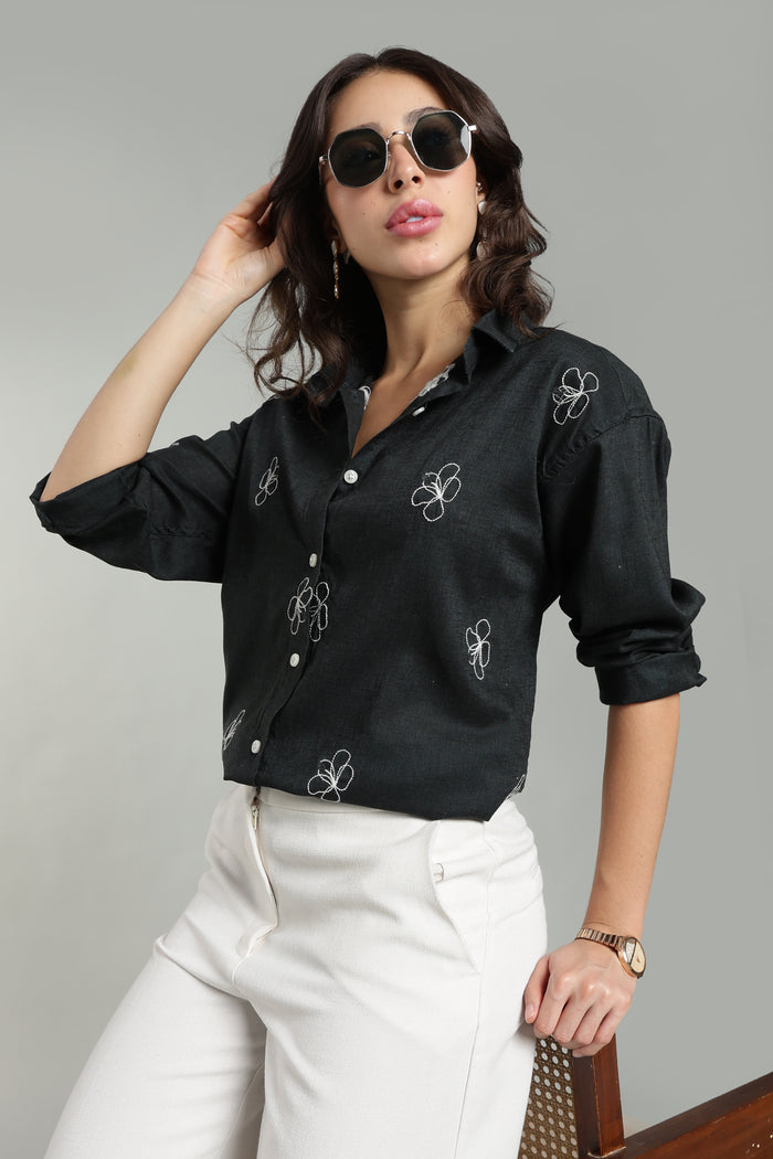 Women’s Teal Embroidered Linen Shirt
