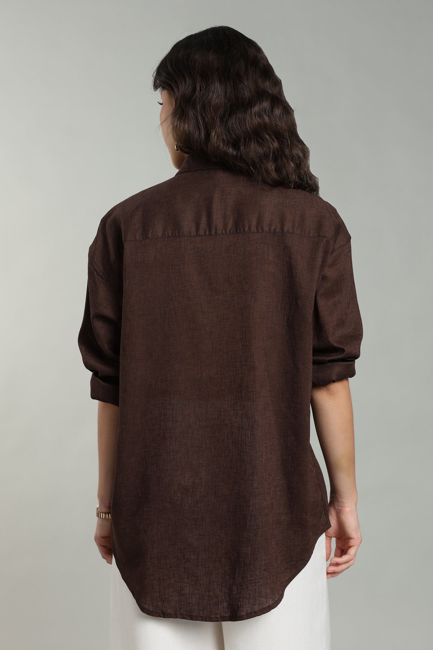 Women’s Chocolate Brown Embroidered Linen Shirt