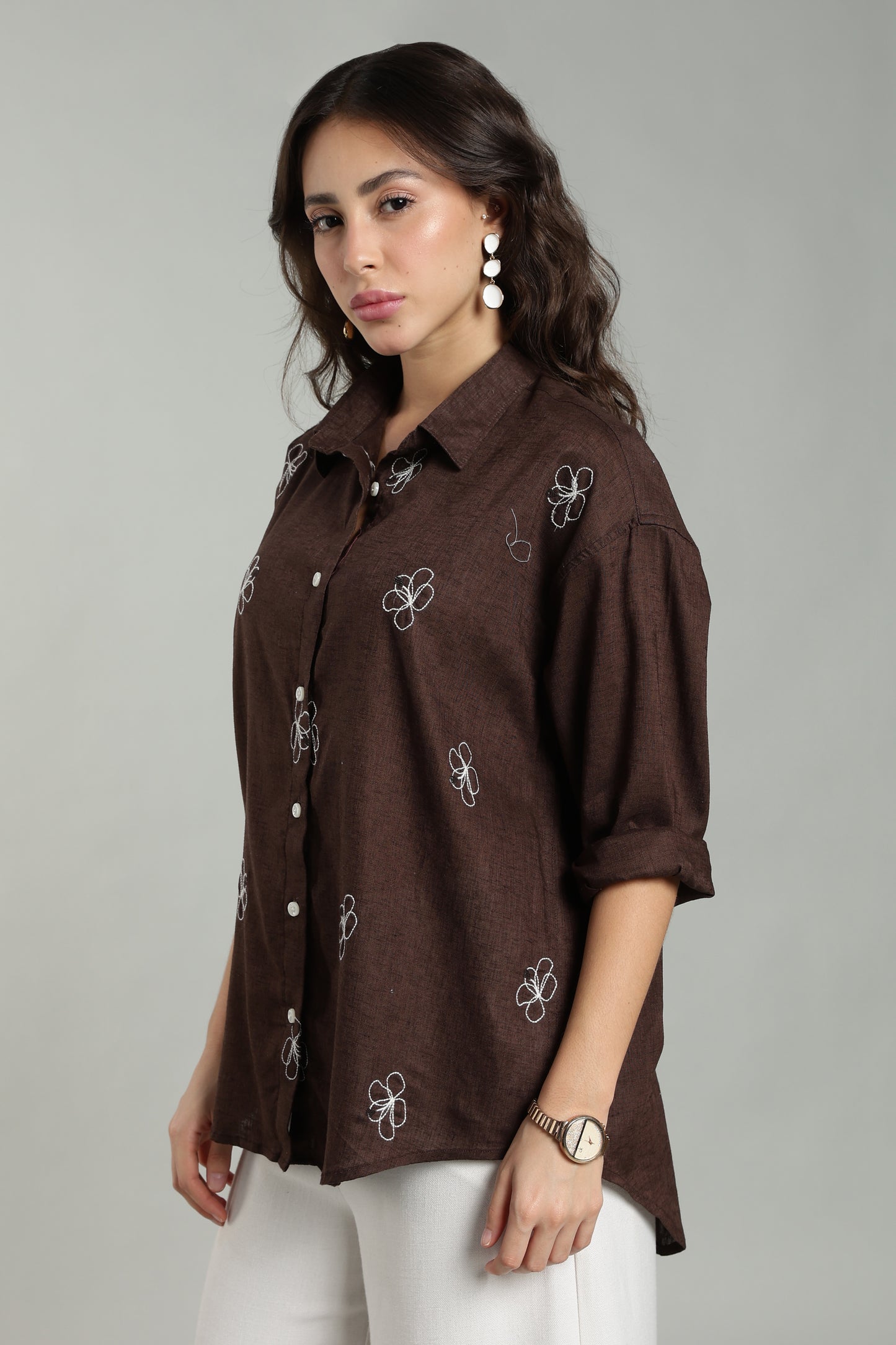 Women’s Chocolate Brown Embroidered Linen Shirt