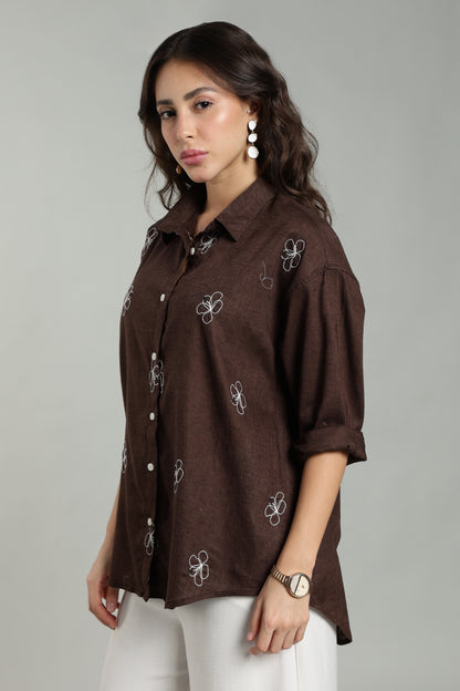 Women’s Chocolate Brown Embroidered Linen Shirt