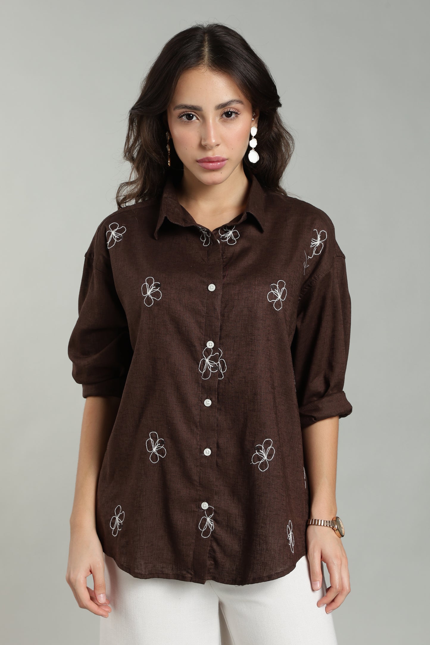 Women’s Chocolate Brown Embroidered Linen Shirt