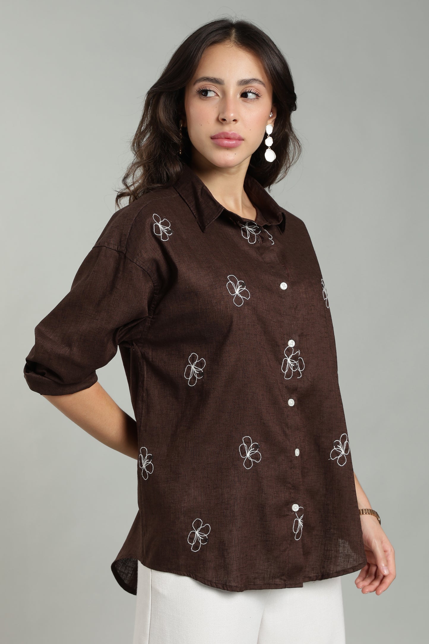 Women’s Chocolate Brown Embroidered Linen Shirt