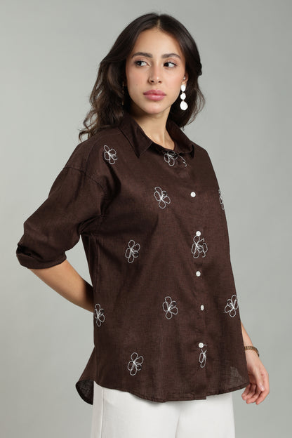 Women’s Chocolate Brown Embroidered Linen Shirt