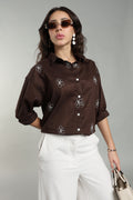 Women’s Chocolate Brown Embroidered Linen Shirt