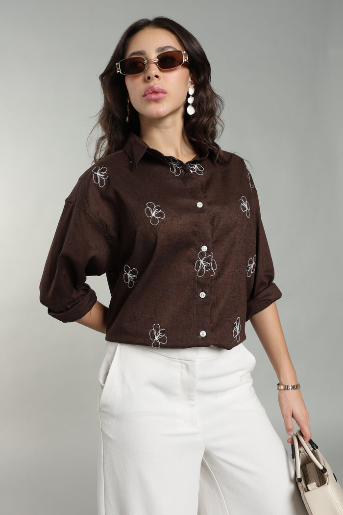 Women’s Chocolate Brown Embroidered Linen Shirt