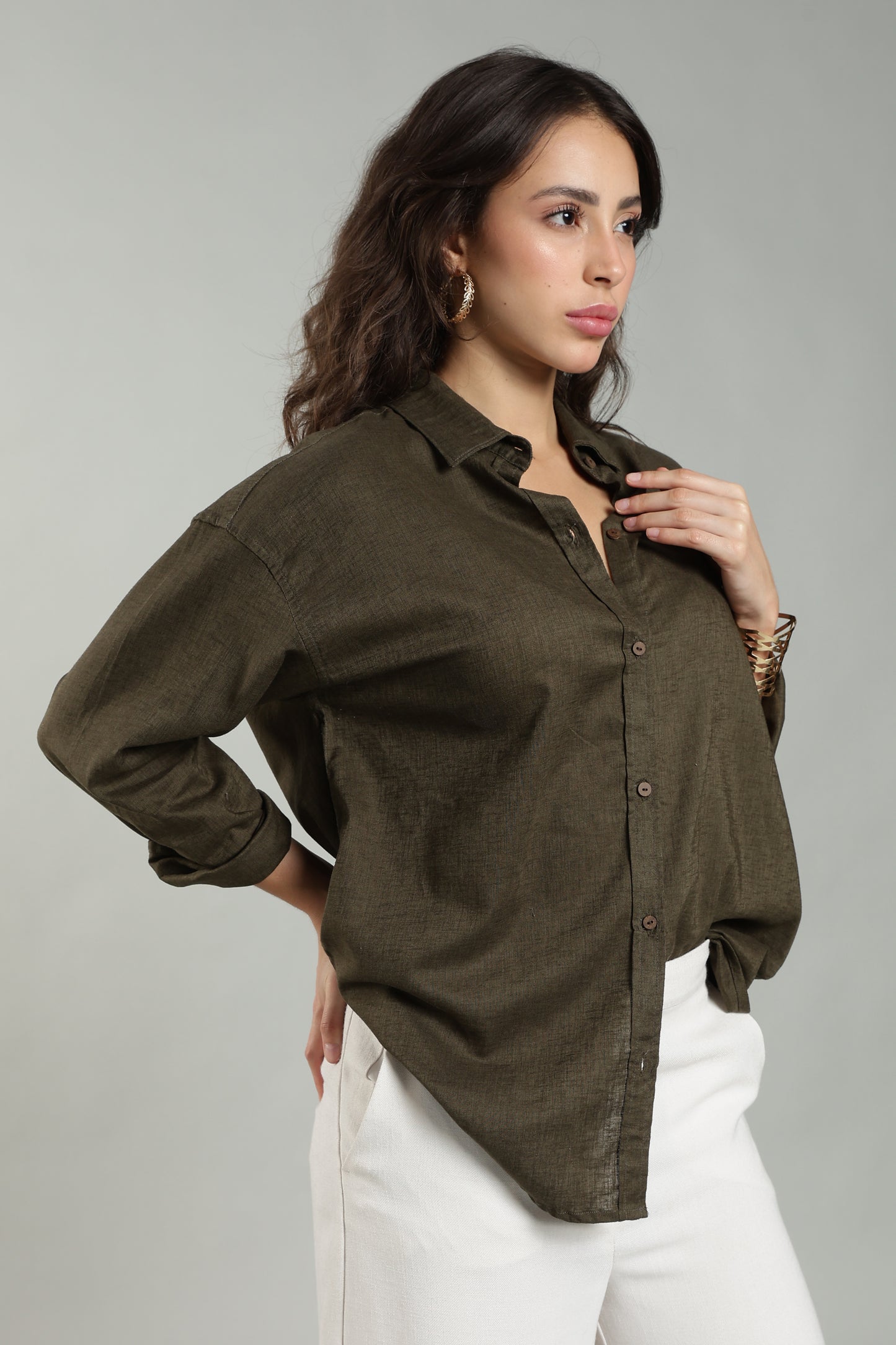 Women’s Olive Green Pure Linen Shirt