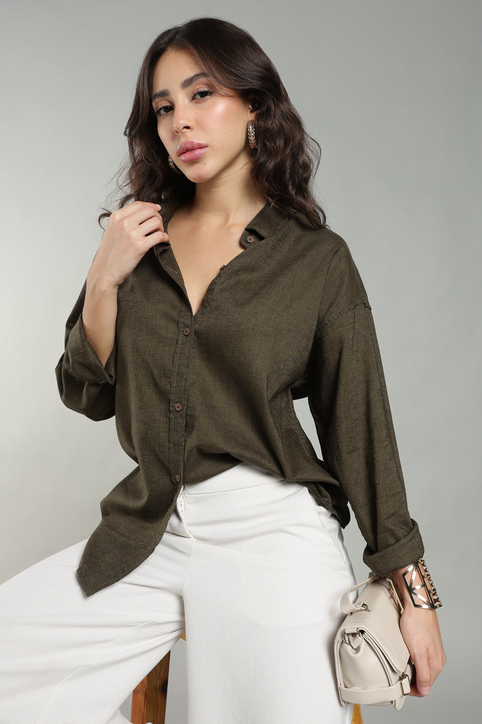 Olive Green Linen Shirt for Women — Pure Linen