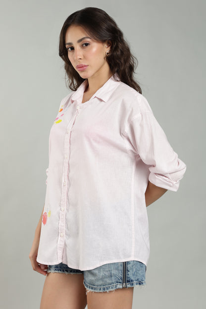 Women’s Baby Pink Embroidered Linen Shirt