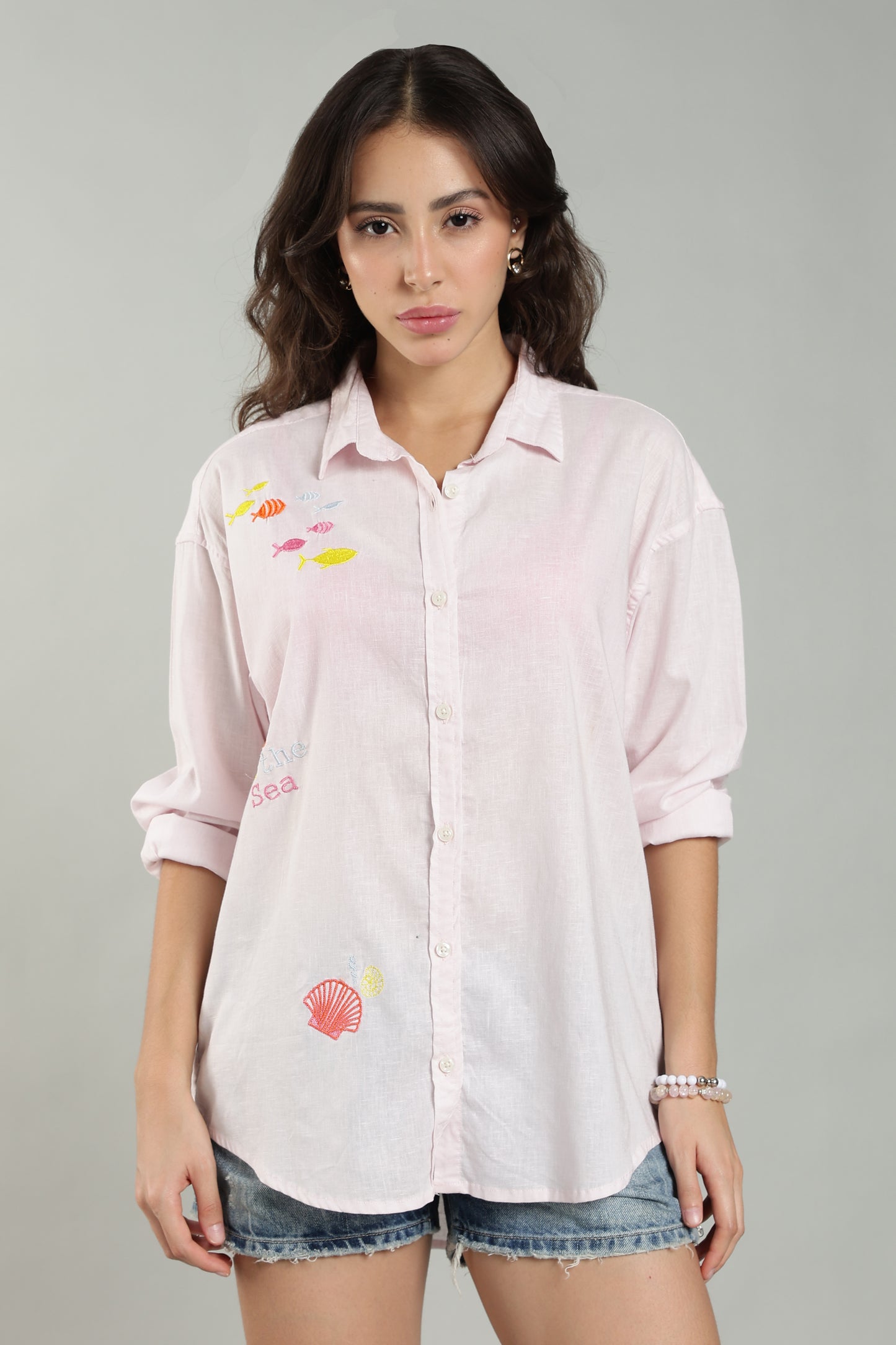 Women’s Baby Pink Embroidered Linen Shirt