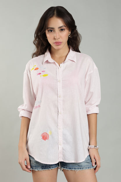 Women’s Baby Pink Embroidered Linen Shirt