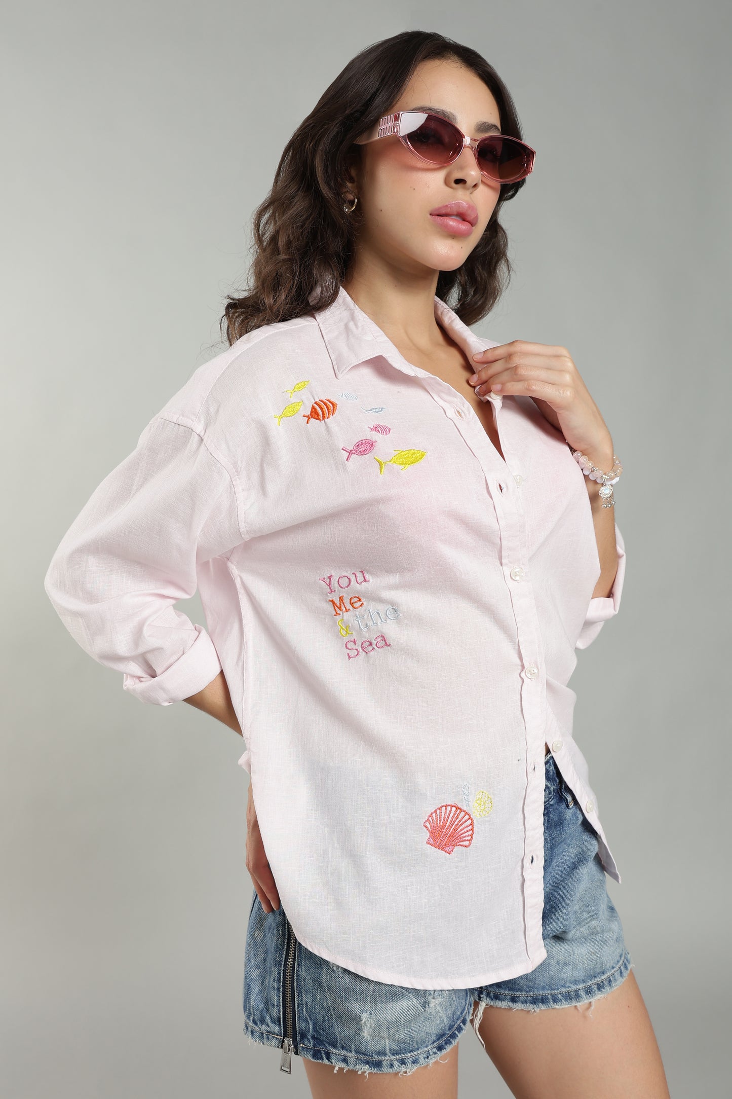 Women’s Baby Pink Embroidered Linen Shirt