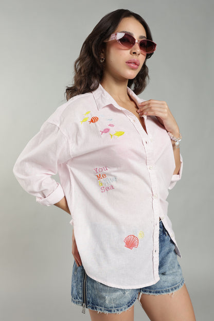 Women’s Baby Pink Embroidered Linen Shirt