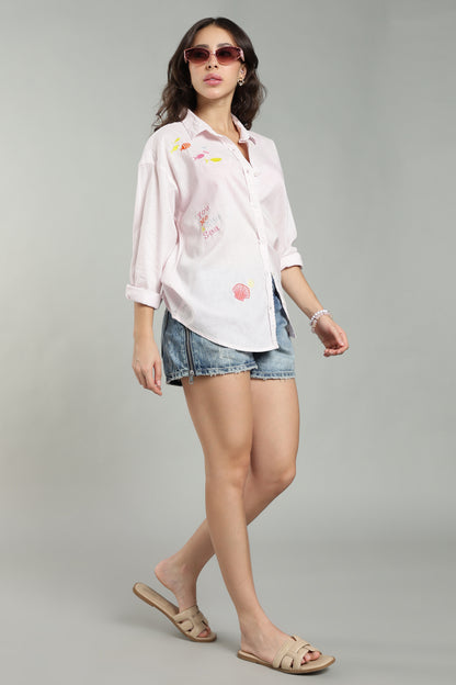 Women’s Baby Pink Embroidered Linen Shirt
