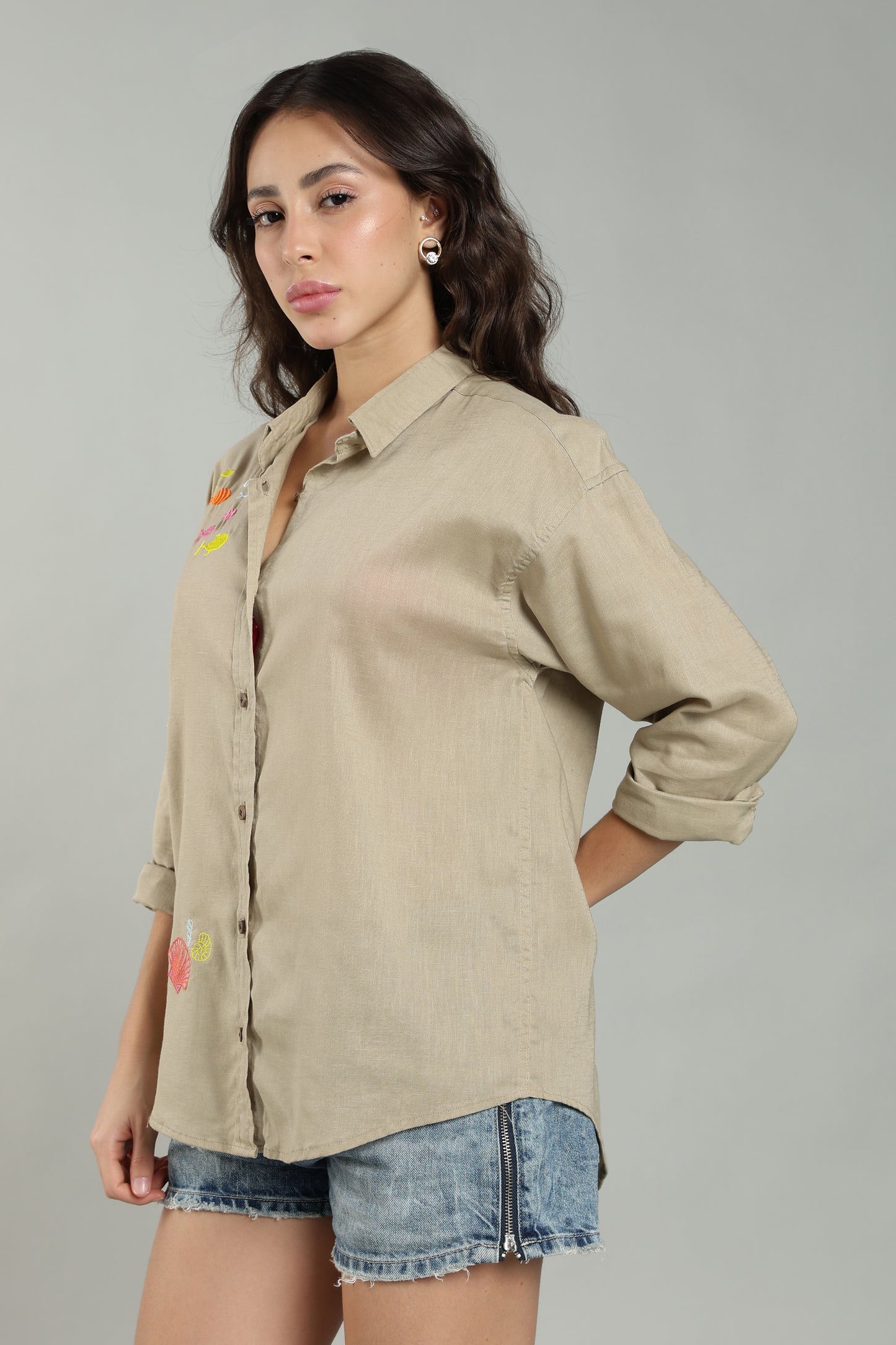 Women’s Beige Embroidered Linen Shirt