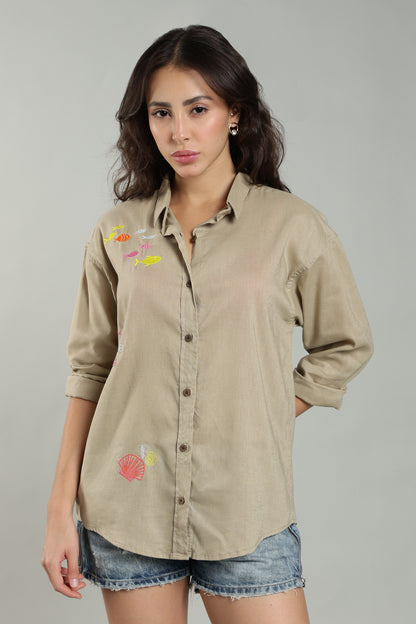 Women’s Beige Embroidered Linen Shirt