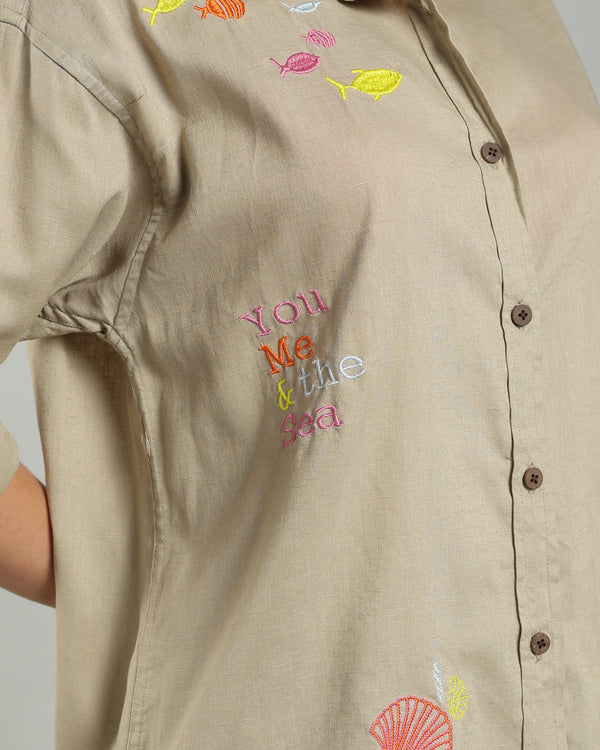 Women’s Beige Embroidered Linen Shirt