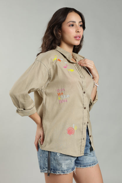 Women’s Beige Embroidered Linen Shirt