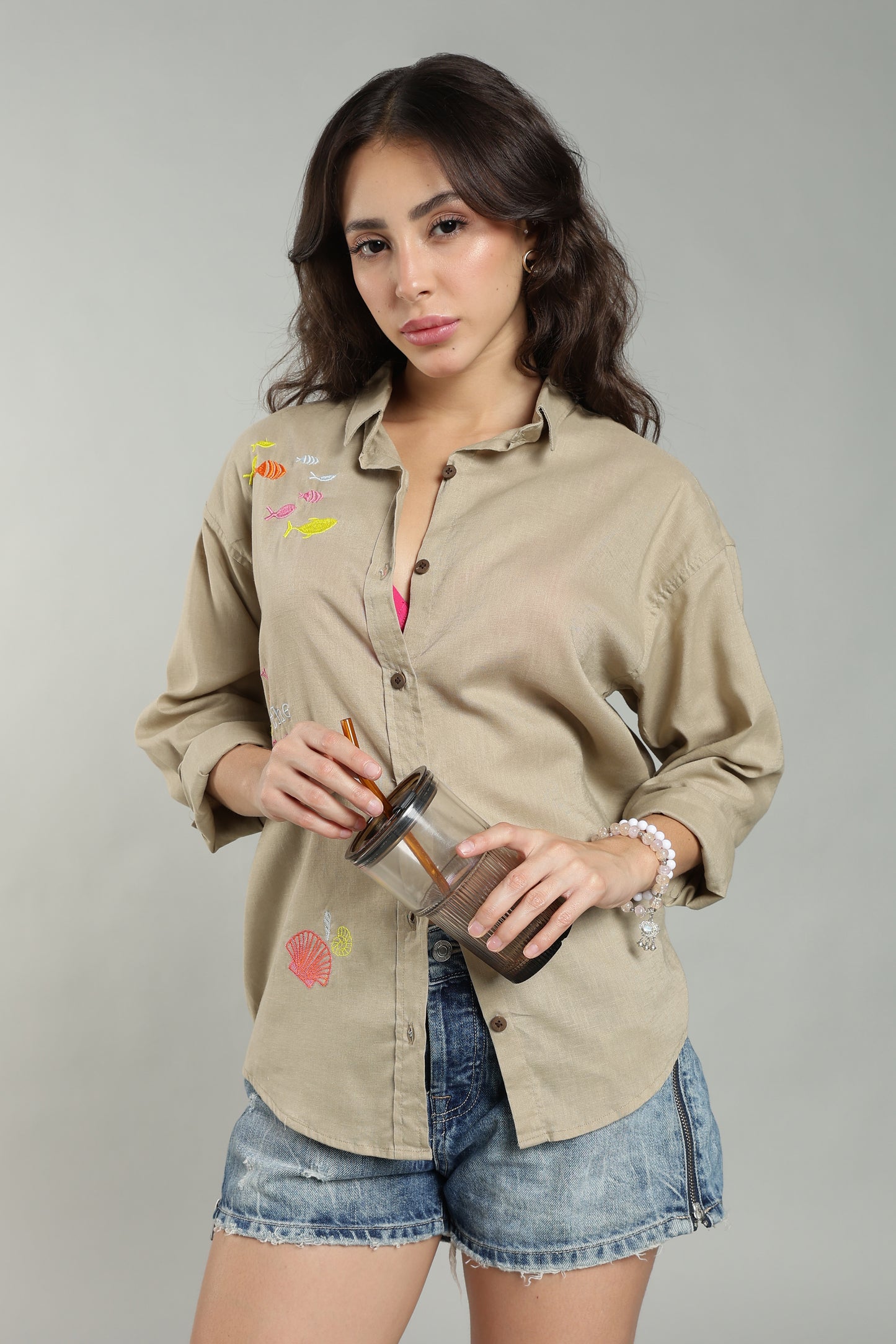 Women’s Beige Embroidered Linen Shirt